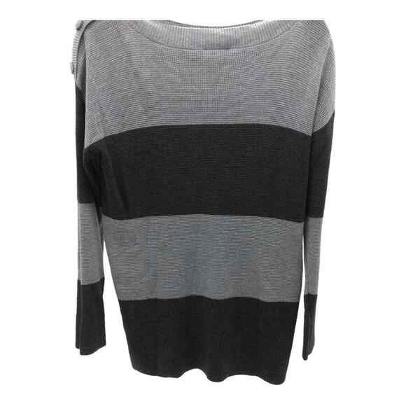 Vince Camuto Women’s Medium Gray Black Stripe Sweater Button Shoulder NWOT - Picture 4 of 15